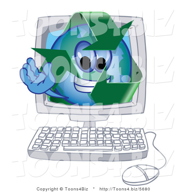 Vector Illustration of a Cartoon Recycle Mascot in a Computer