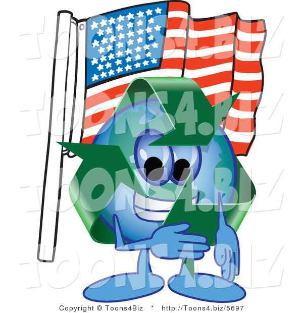 Vector Illustration of a Cartoon Recycle Mascot Pledging Allegiance to an American Flag