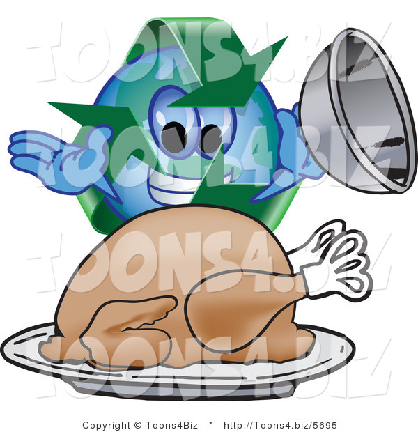 Vector Illustration of a Cartoon Recycle Mascot Serving a Thanksgiving Turkey