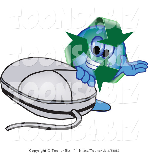 Vector Illustration of a Cartoon Recycle Mascot with a Computer Mouse