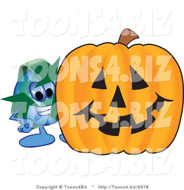 Vector Illustration of a Cartoon Recycle Mascot with a Halloween Pumpkin