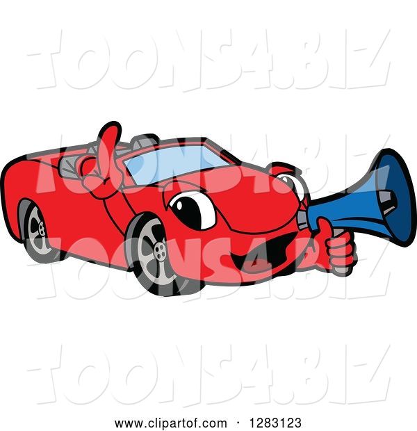 Vector Illustration of a Cartoon Red Convertible Car Mascot Announcing with a Megaphone