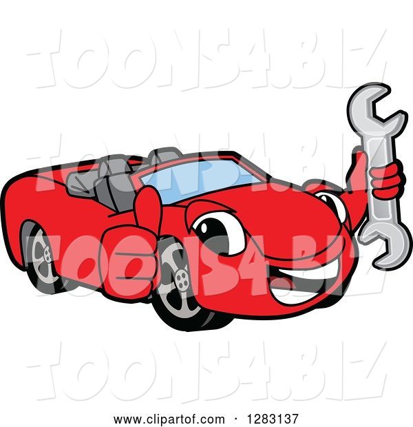 Vector Illustration of a Cartoon Red Convertible Car Mascot Holding a Thumb up and a Wrench