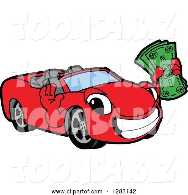 Vector Illustration of a Cartoon Red Convertible Car Mascot Holding Cash Money