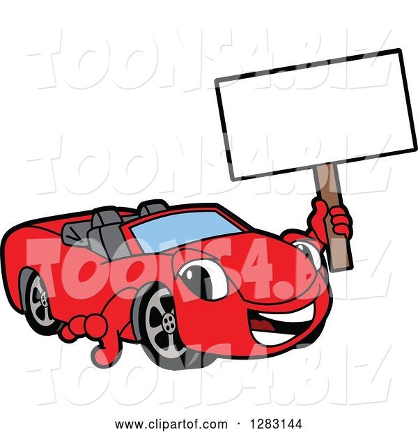 Vector Illustration of a Cartoon Red Convertible Car Mascot Holding up a Blank Sign