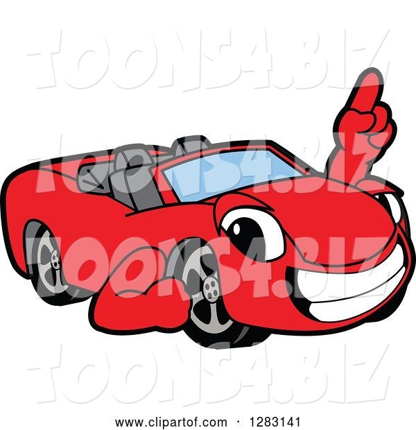 Vector Illustration of a Cartoon Red Convertible Car Mascot Holding up a Finger