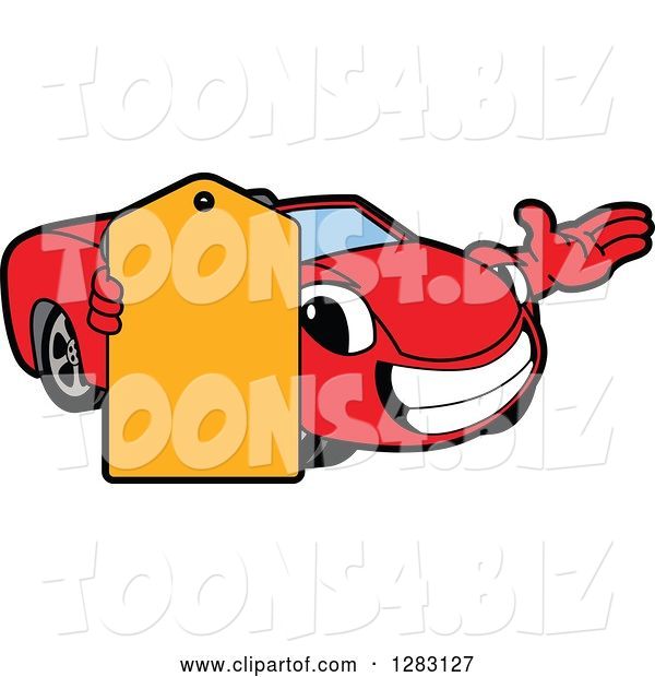 Vector Illustration of a Cartoon Red Convertible Car Mascot Presenting and Holding a Price Tag