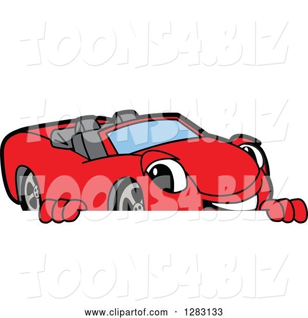 Vector Illustration of a Cartoon Red Convertible Car Mascot Smiling over a Sign