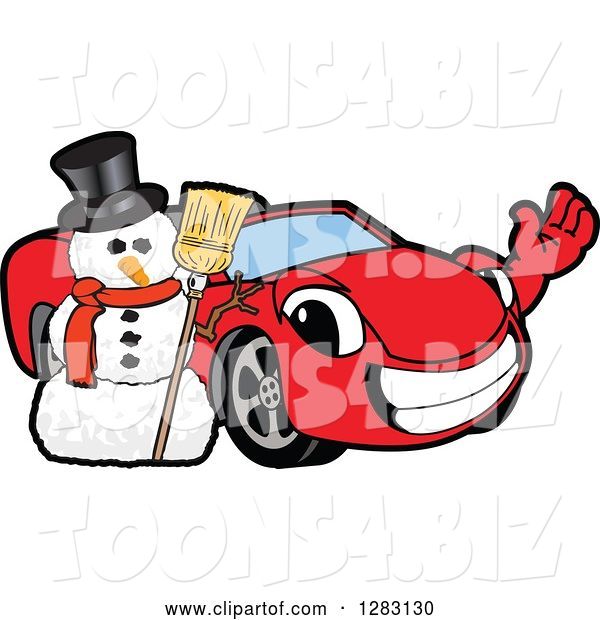 Vector Illustration of a Cartoon Red Convertible Car Mascot Waving by a Christmas Snowman