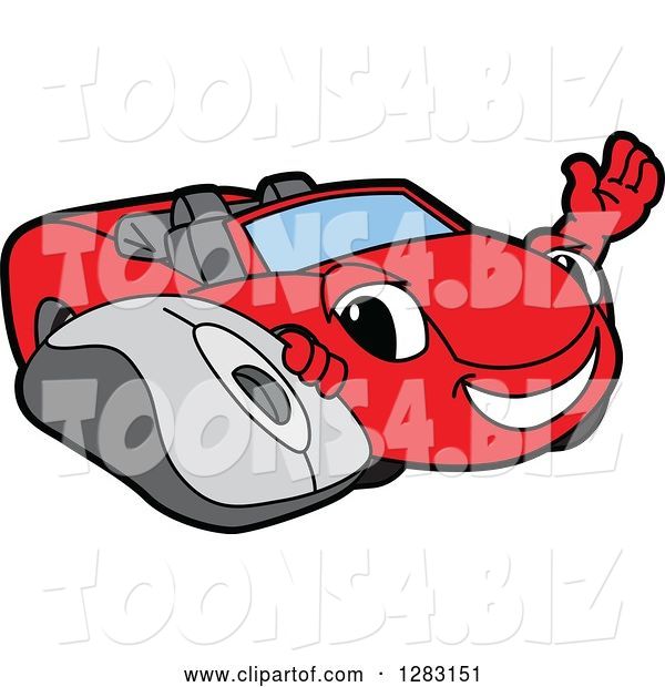 Vector Illustration of a Cartoon Red Convertible Car Mascot Waving by a Computer Mouse