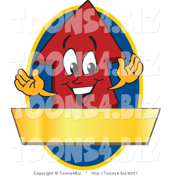 Vector Illustration of a Cartoon Red up Arrow Logo Mascot Above a Blank Gold Banner on a Blue Oval