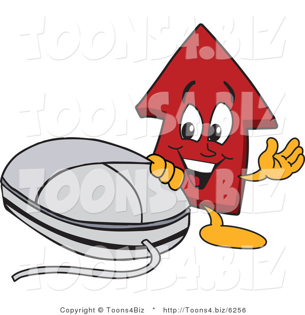 Vector Illustration of a Cartoon Red up Arrow Mascot by a Computer Mouse