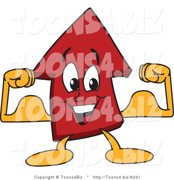 Vector Illustration of a Cartoon Red up Arrow Mascot Flexing