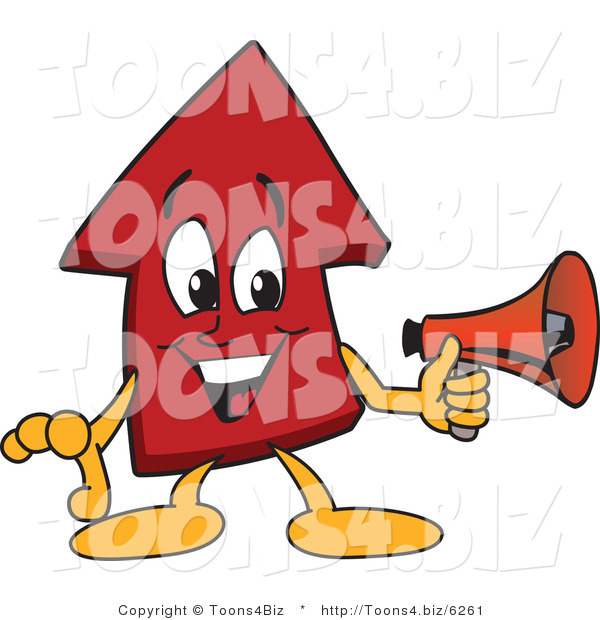 Vector Illustration of a Cartoon Red up Arrow Mascot Holding a Megaphone