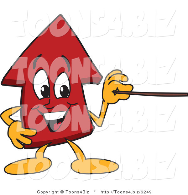 Vector Illustration of a Cartoon Red up Arrow Mascot Holding a Pointer Stick