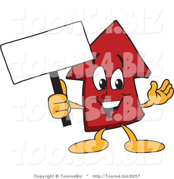 Vector Illustration of a Cartoon Red up Arrow Mascot Holding a Small Blank Sign