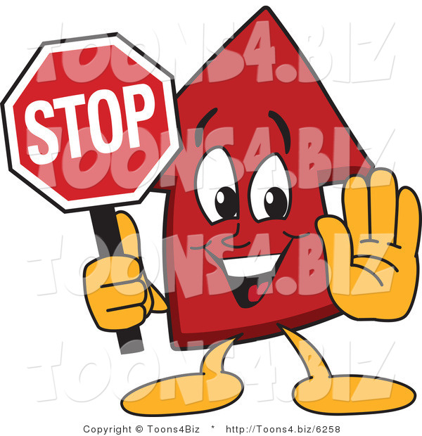 Vector Illustration of a Cartoon Red up Arrow Mascot Holding a Stop Sign