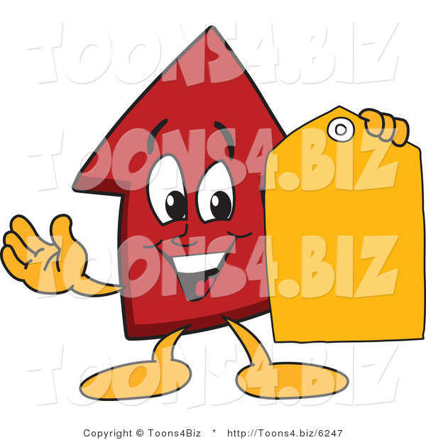 Vector Illustration of a Cartoon Red up Arrow Mascot Holding a Yellow Tag