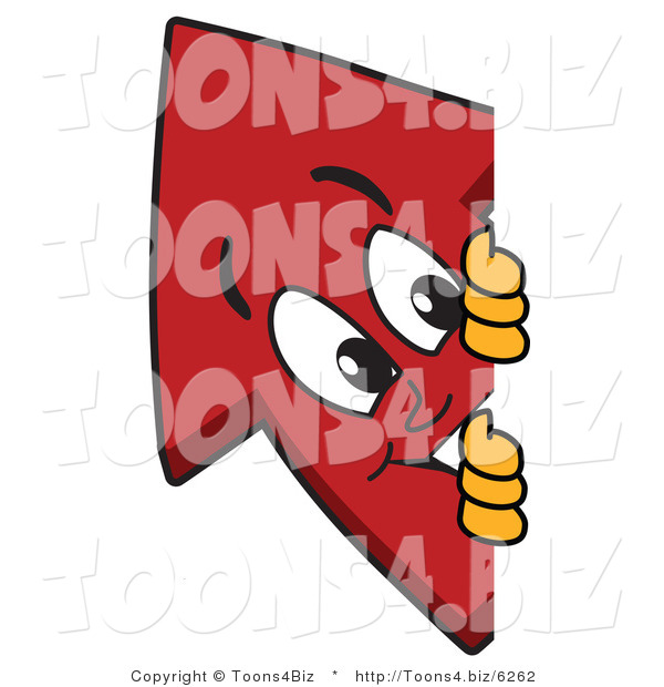 Vector Illustration of a Cartoon Red up Arrow Mascot Looking Around a Blank Sign Board