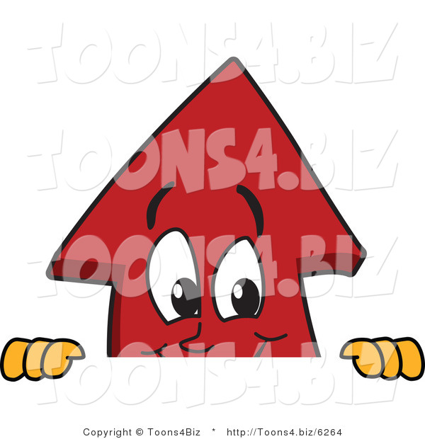 Vector Illustration of a Cartoon Red up Arrow Mascot Looking over a Blank Sign Board