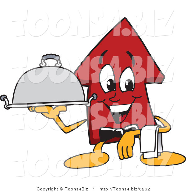Vector Illustration of a Cartoon Red up Arrow Mascot Serving a Platter