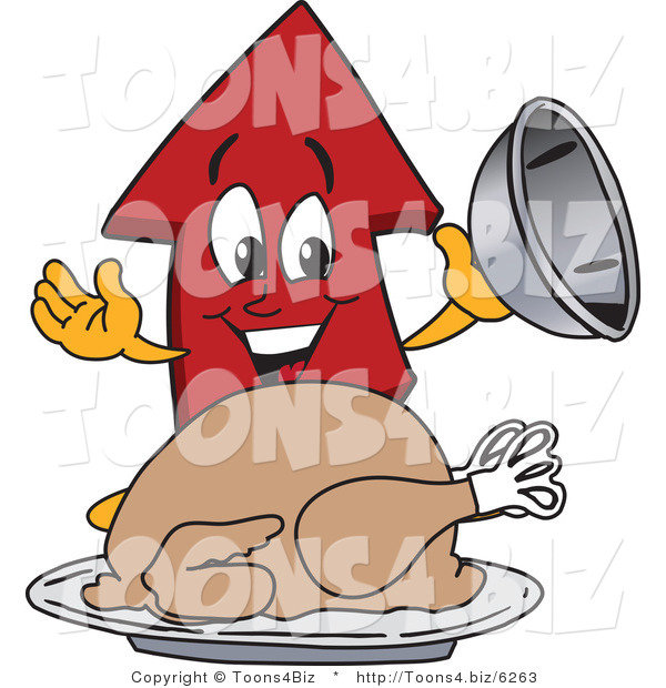 Vector Illustration of a Cartoon Red up Arrow Mascot Serving a Thanksgiving Turkey