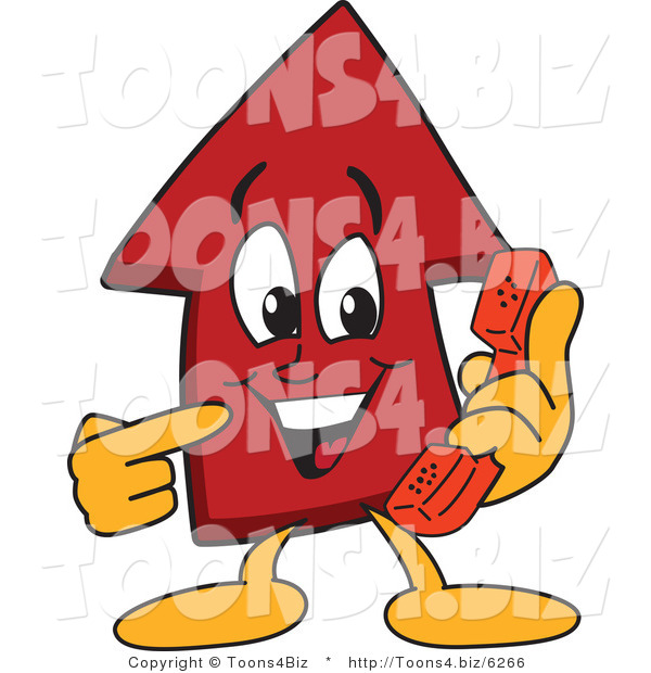 Vector Illustration of a Cartoon Red up Arrow Mascot Using a Phone