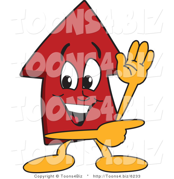 Vector Illustration of a Cartoon Red up Arrow Mascot Waving and Pointing