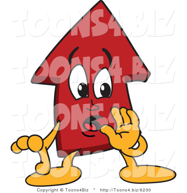Vector Illustration of a Cartoon Red up Arrow Mascot Whispering