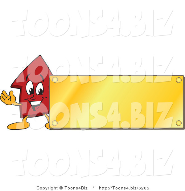 Vector Illustration of a Cartoon Red up Arrow Mascot with a Blank Gold Plaque Sign or Logo