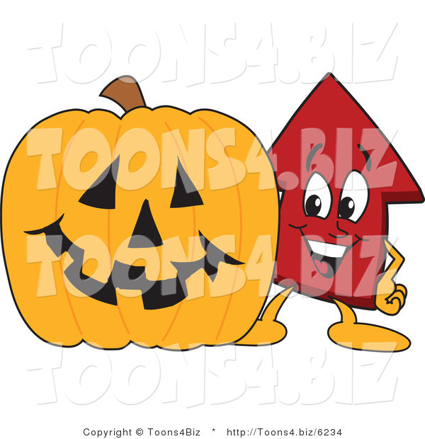 Vector Illustration of a Cartoon Red up Arrow Mascot with a Halloween Pumpkin