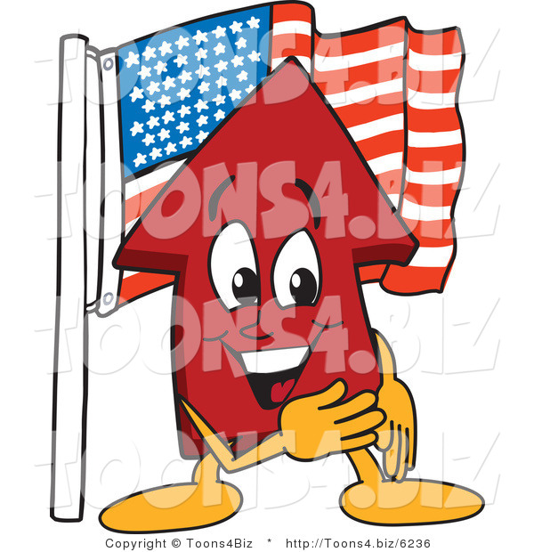 Vector Illustration of a Cartoon Red up Arrow Mascot with an American Flag