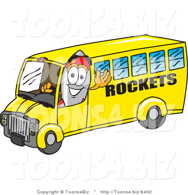 Vector Illustration of a Cartoon Rocket Mascot Driving a Rockets School Bus