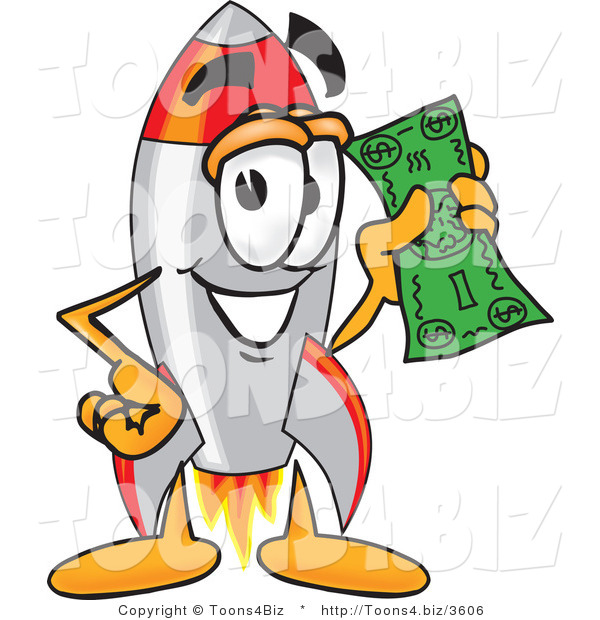 Vector Illustration of a Cartoon Rocket Mascot Holding a Dollar Bill