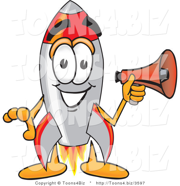 Vector Illustration of a Cartoon Rocket Mascot Holding a Megaphone