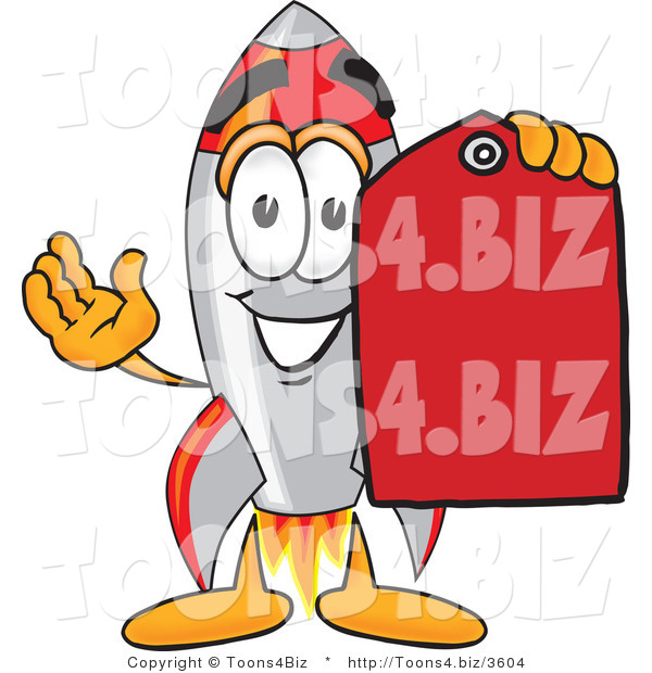 Vector Illustration of a Cartoon Rocket Mascot Holding a Red Sales Price Tag