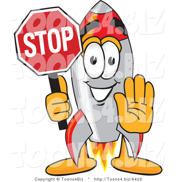 Vector Illustration of a Cartoon Rocket Mascot Holding a Stop Sign