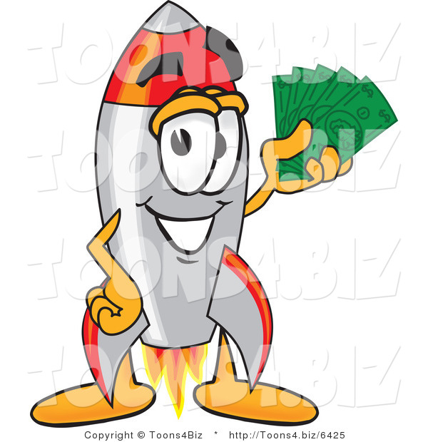 Vector Illustration of a Cartoon Rocket Mascot Holding Money