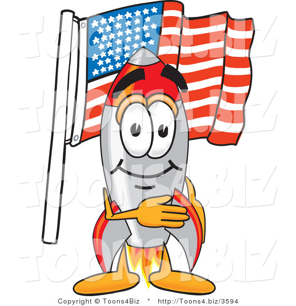 Vector Illustration of a Cartoon Rocket Mascot Pledging Allegiance to an American Flag