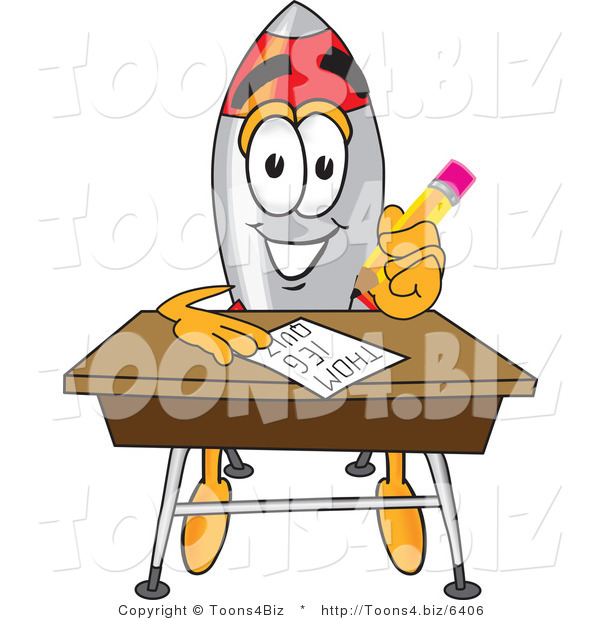 Vector Illustration of a Cartoon Rocket Mascot Taking a Quiz