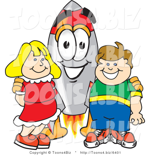 Vector Illustration of a Cartoon Rocket Mascot with School Children