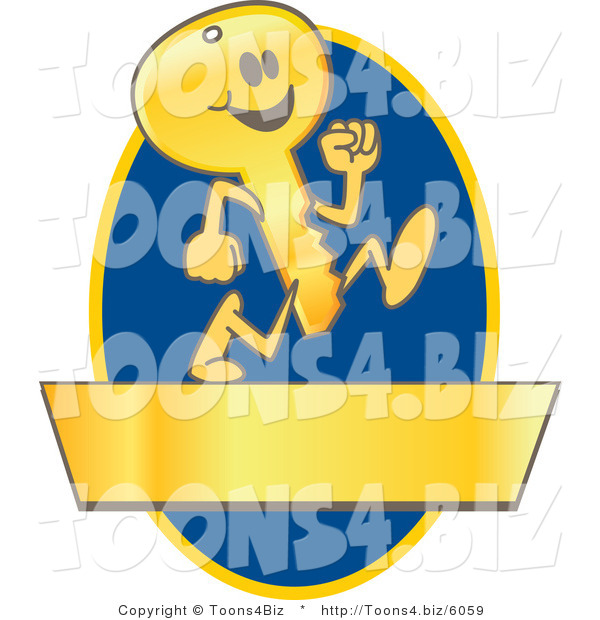 Vector Illustration of a Cartoon Running Gold Key Mascot Logo over a Blue Oval and Gold Banner