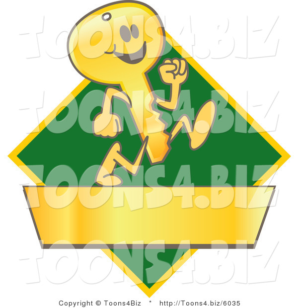 Vector Illustration of a Cartoon Running Gold Key Mascot Logo over a Green Diamond and Gold Banner