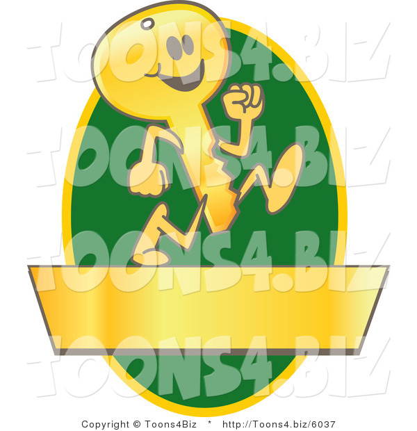 Vector Illustration of a Cartoon Running Gold Key Mascot Logo over a Green Oval and Gold Banner