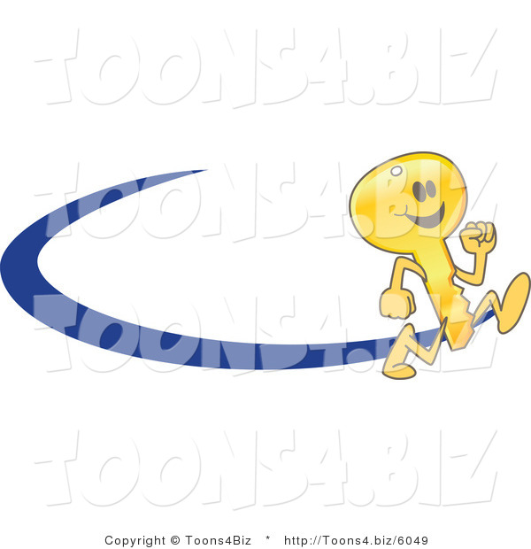 Vector Illustration of a Cartoon Running Gold Key Mascot Logo with a Blue Dash