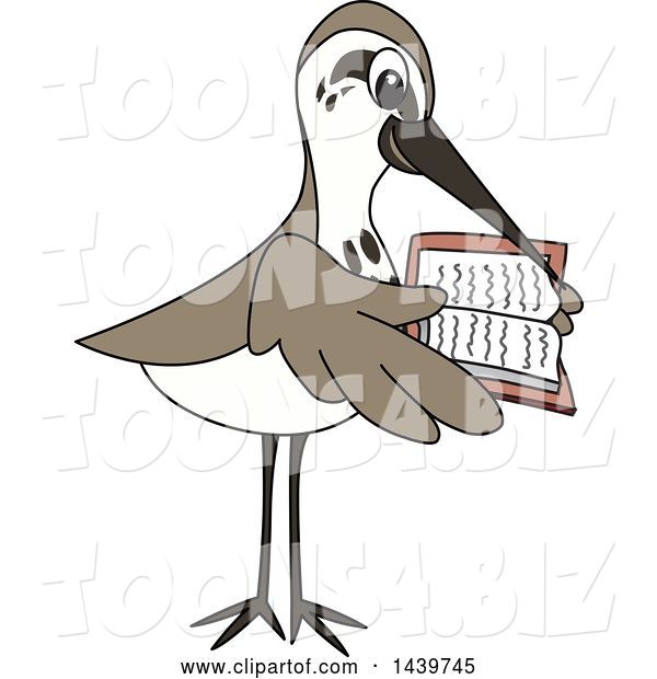 Vector Illustration of a Cartoon Sandpiper Bird School Mascot Reading a Book