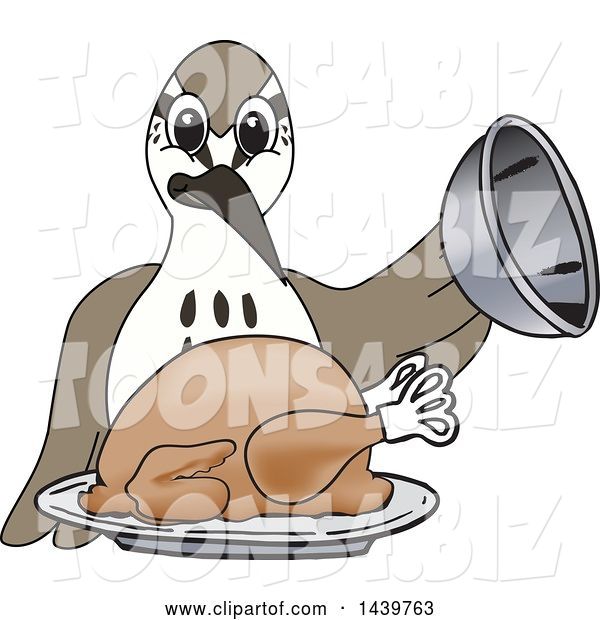 Vector Illustration of a Cartoon Sandpiper Bird School Mascot Serving a Roasted Thanksgiving Turkey