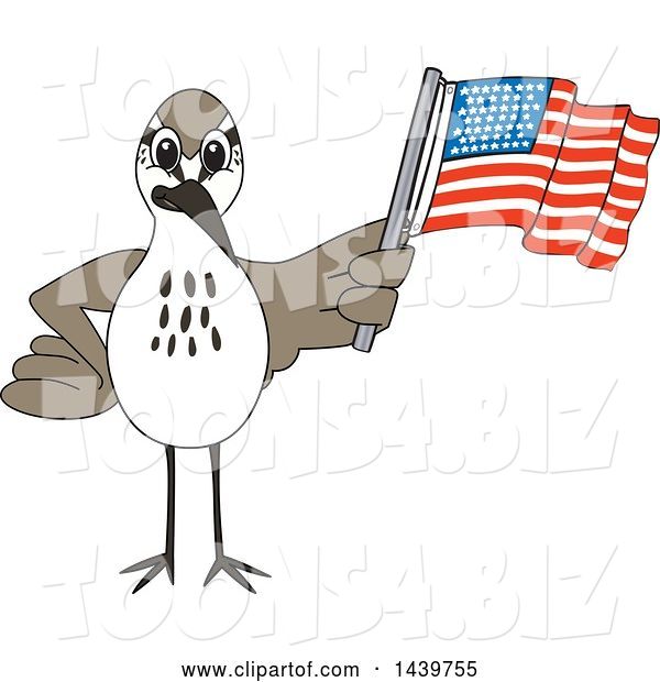 Vector Illustration of a Cartoon Sandpiper Bird School Mascot Waving an American Flag
