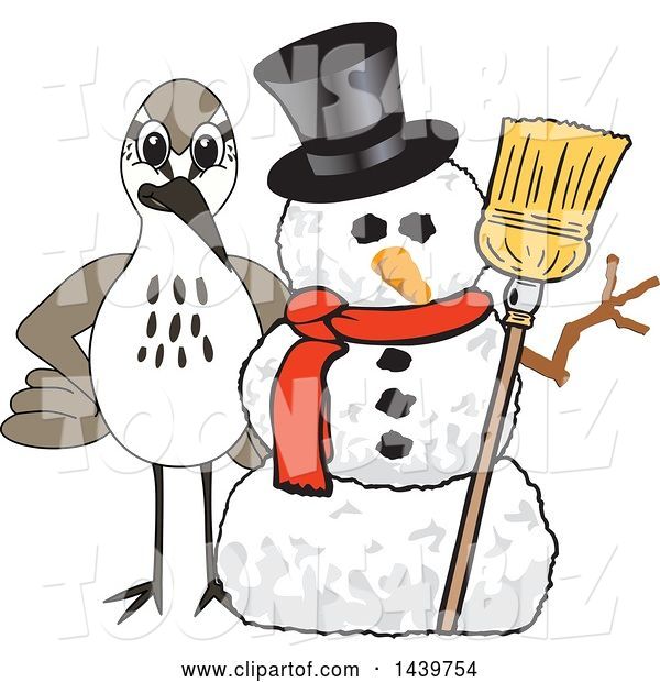 Vector Illustration of a Cartoon Sandpiper Bird School Mascot with a Snowman