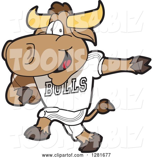 Vector Illustration of a Cartoon School Bull Mascot Athlete Playing Football